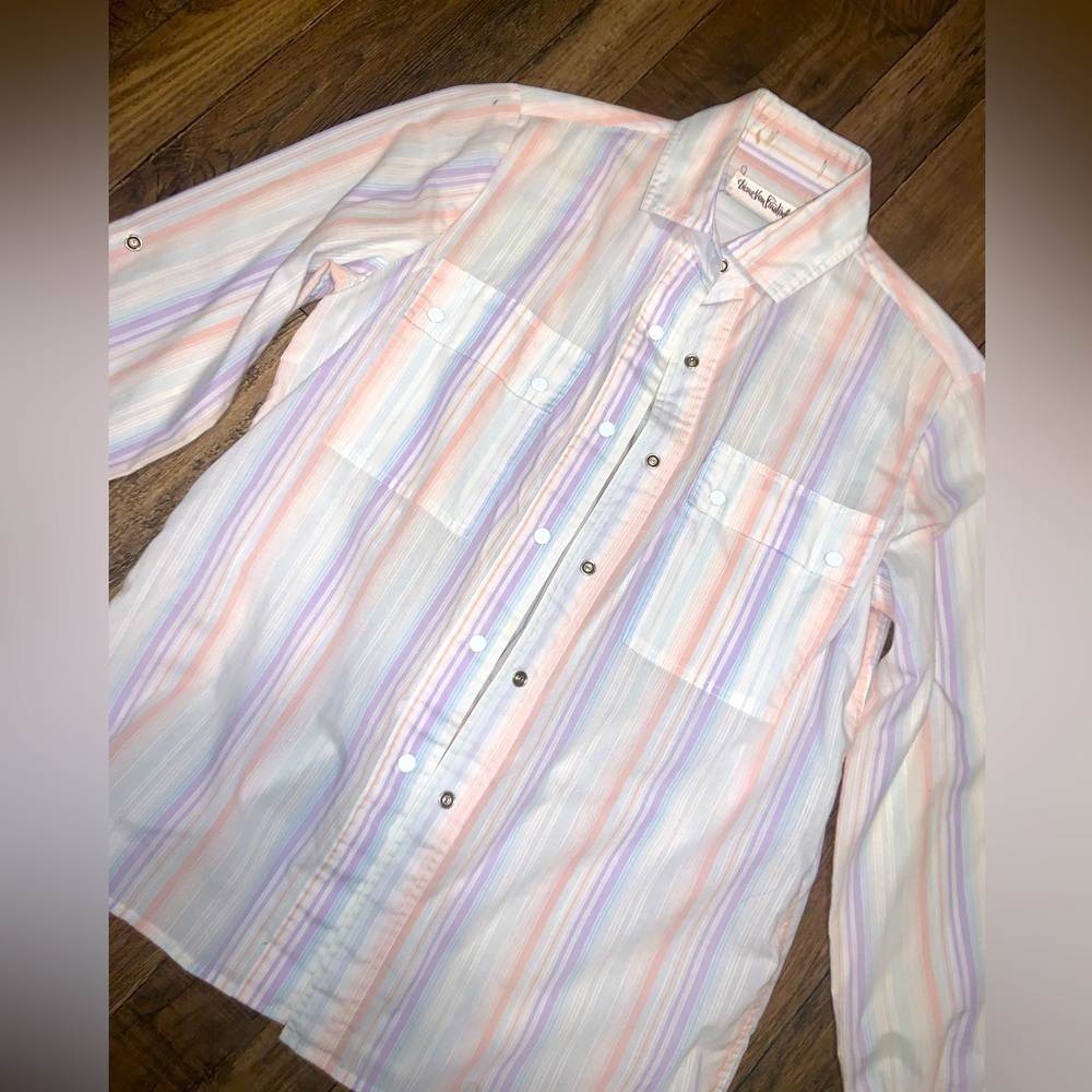 Vintage DVF PEARL SNAP STRIPED BUTTON UP 10 $120 made in Italy